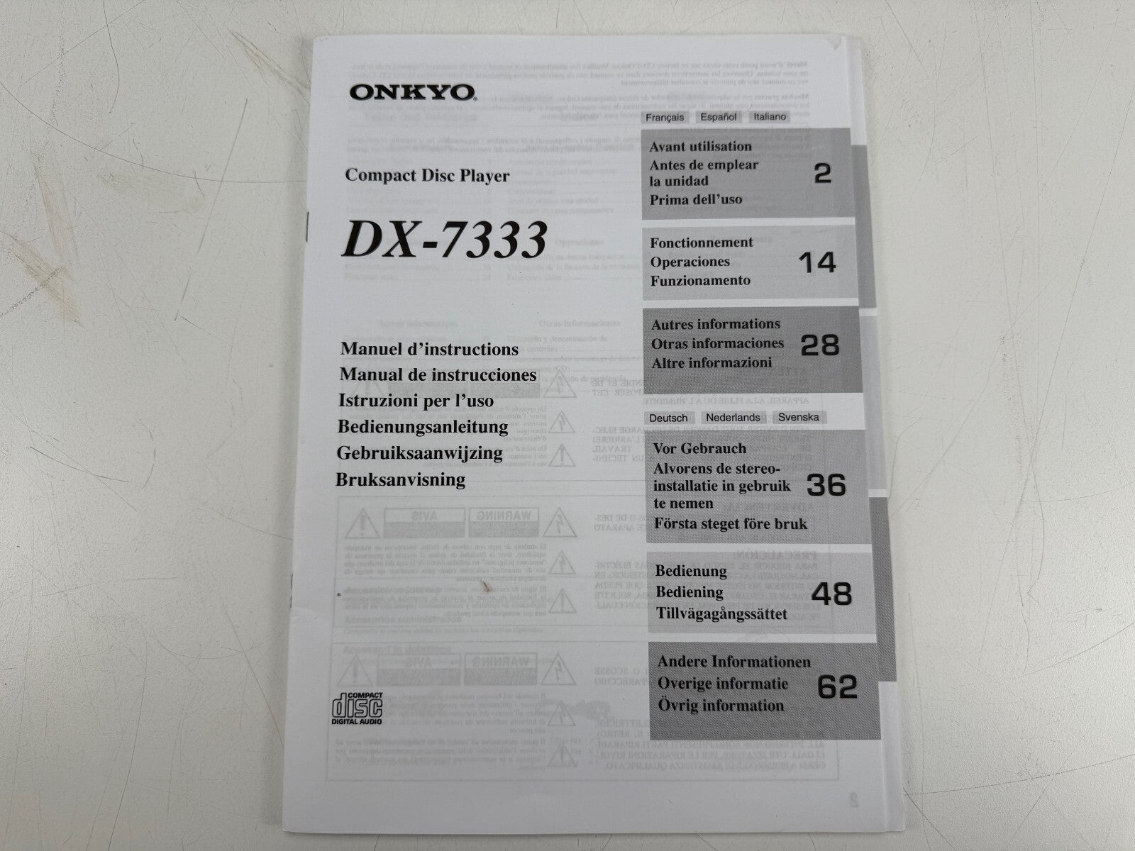 Onkyo DX-7333 cd-speler met originele doos, afstandsbediening en handleidingen.