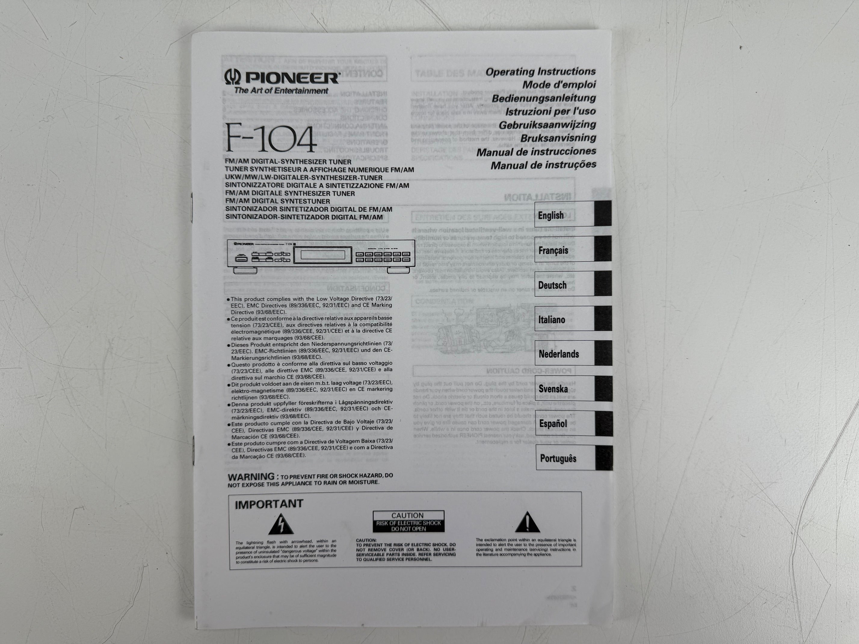Pioneer F-104 FM/AM digitale synthesizer-tuner met handleiding